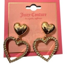 Juicy Couture Earrings Gold Clear Crystal Open Heart Drop Juicy Logo Studs